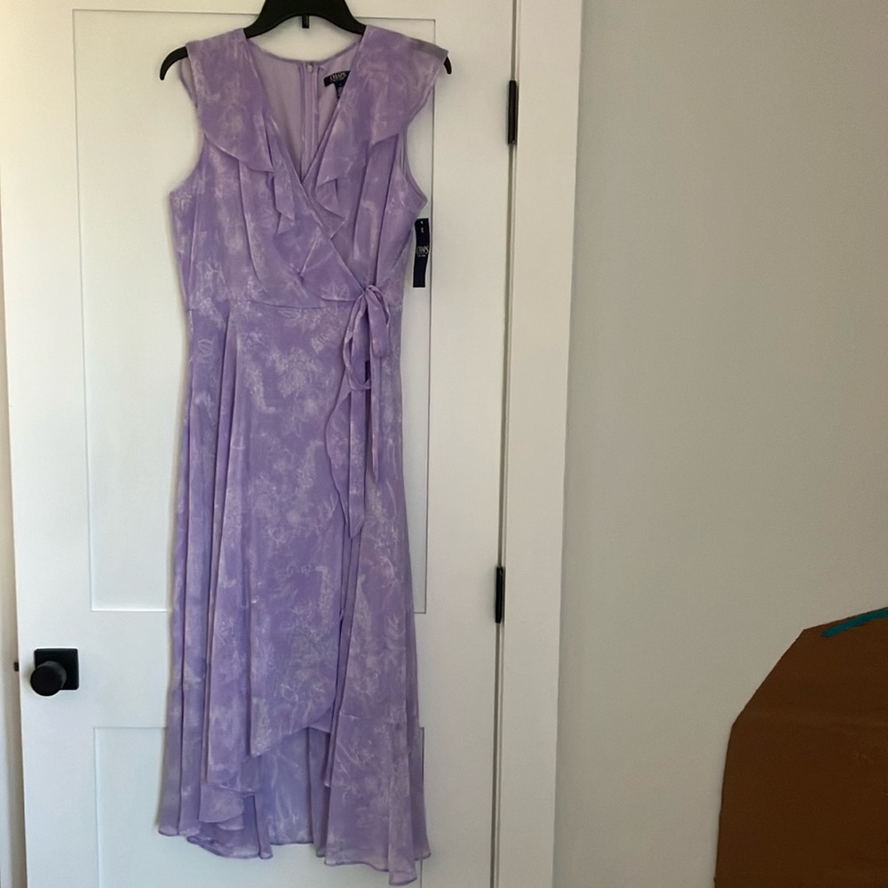 New Lavender Purple and White Floral Flutter Wrap Dress